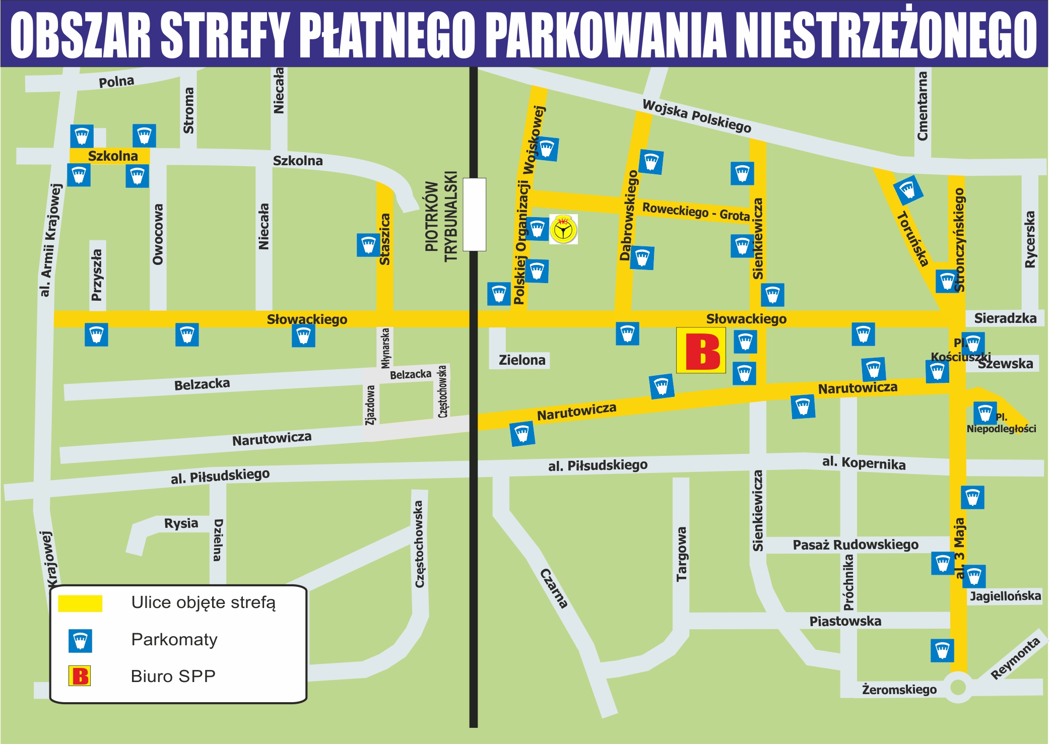 Mapa z zaznaczonym obszarem strefy płatnego parkowania